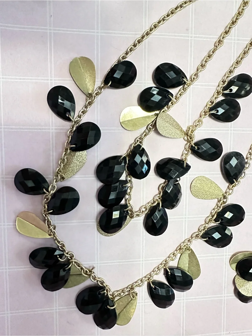 Gold Chain Necklace and Earring Set with Black Faceted Teardrops